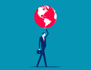 Global Boiling. Businessman holding red globe, Vector flat style