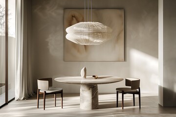 Modern dining room interior design with a round marble table, mismatched dining chairs, and a sculptural pendant light.
