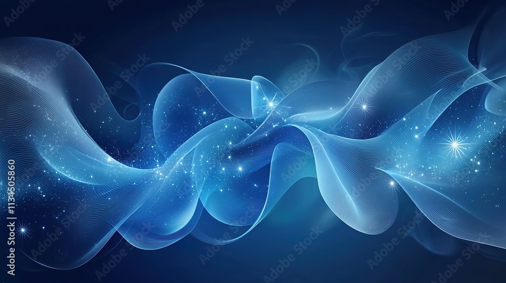 Wall mural abstract blue wave-like structures with glowing stars and a cosmic effect on a dark background