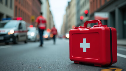 first aid kit stands prominently ground paramedics ready assist situation immediately