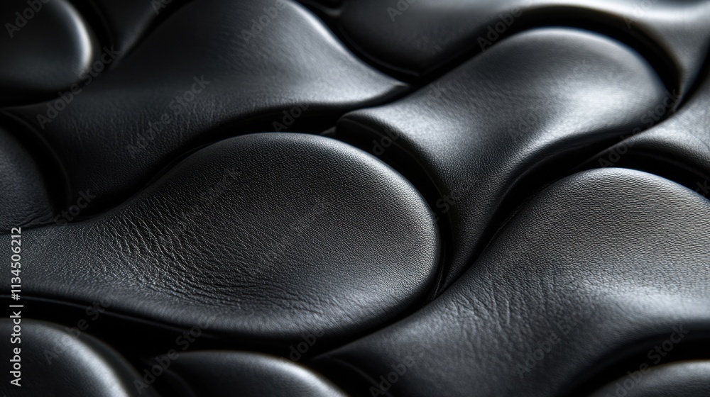 Poster textured black leather surface showcases intricate design and depth with curvy shapes and shadows in