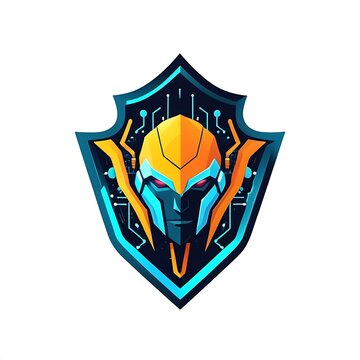 Cybernetic Sentinel:  A futuristic robot head emblem, encased within a vibrant blue and gold shield, exudes power and technological prowess. Ideal for gaming, esports, or sci-fi projects. 