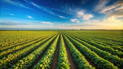 Vast soybean farm field under a clear blue sky, agriculture, farming, crops, soybeans, rural, landscape, field, plantation, growth