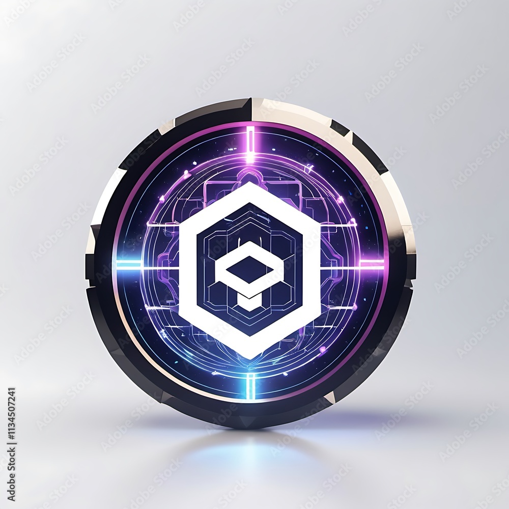 Poster futuristic tech emblem: a captivating 3d render of a sleek, metallic emblem pulsating with vibrant n