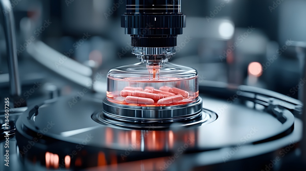 Poster robotic machine encapsulating red capsules in a transparent container in a modern pharmaceutical man
