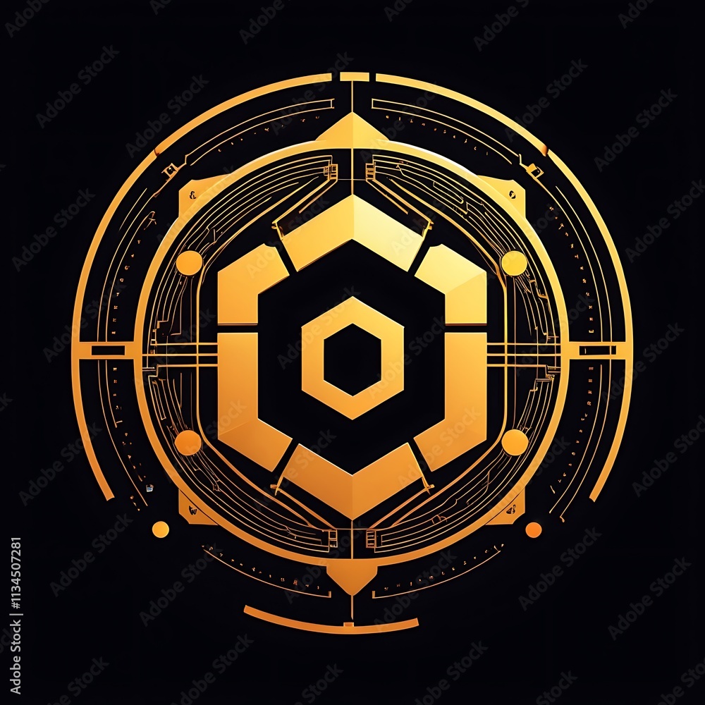 Poster golden hexagon tech logo: a futuristic, stylized logo design with a golden hexagon at its core, surr