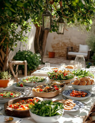 Rustic Outdoor Buffet Table with Fresh Vegetables, Salads, and Breads in a Lush Courtyard
