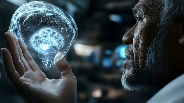 Elderly scientist examining a glowing holographic brain model with neural connections in a futuristic research environment