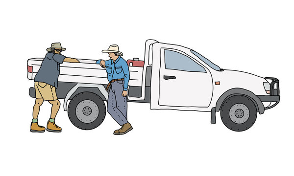 Two farmers leaning on ute talking 