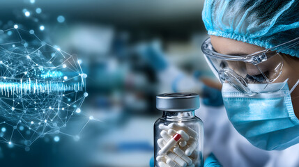 Female scientist analyzing a vial of capsules with a digital network overlay in a pharmaceutical research laboratory
