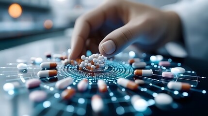Hand selecting capsules and pills on a futuristic digital interface in a pharmaceutical laboratory setting