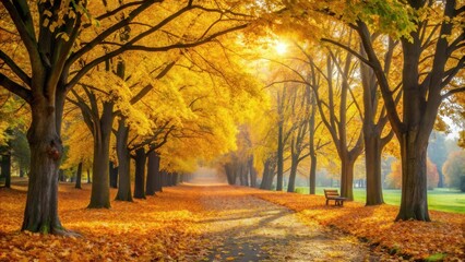 Fototapeta premium Idyllic scene with yellow fallen leaves in an autumn park vertical, autumn, park, leaves, yellow, foliage, trees, serene