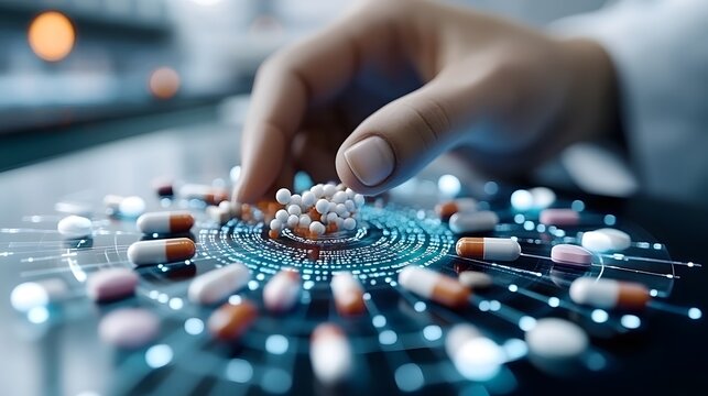 Hand selecting capsules and pills on a futuristic digital interface in a pharmaceutical laboratory setting - Powered by Adobe