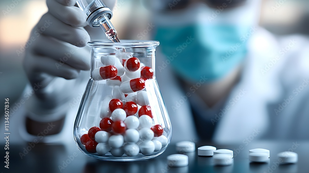 Wall mural Scientist injecting liquid into a flask filled with red and white capsules and tablets in a pharmaceutical laboratory