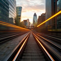 Obraz premium Urban Skyline at Dusk with Railway Tracks and Blurred Train Motion in a Modern Cityscape Highlighting Glass Buildings and Iconic Structures