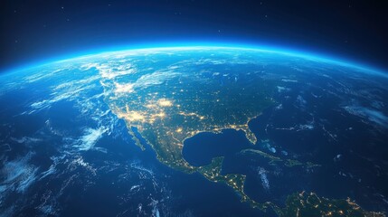 Vibrant view of Earth at night revealing illuminated cities across North America and the serene blue of the atmosphere