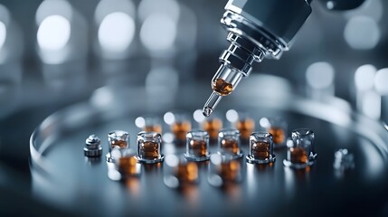 Closeup of robotic arm dispensing liquid into small glass vials in a laboratory setting showcasing automation in pharmaceutical research