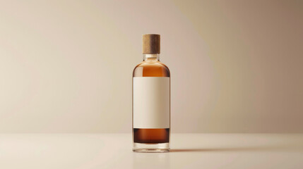 Fototapeta premium Transparent bottle with custom label, modern and minimalist design, positioned on a plain background with subtle reflections, ideal for high-end products
