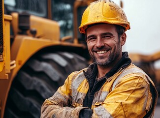 A smiling construction worker in a yellow hard hat and jacket stands confidently in front of heavy machinery.