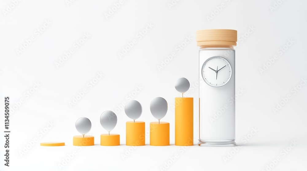 Poster modern minimalist composition illustrating time management and progress with clock, growth indicator