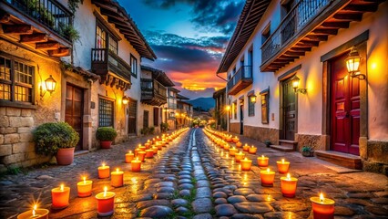 Enchanting Night: Streets of Colombia Adorned with Flickering Candles Creating a Mystical Atmosphere in Towns and Cities, Capturing the Essence of Tradition and Community Spirit