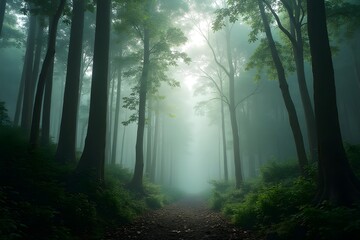 Fototapeta premium A misty rainforest with towering trees and soft sunlight filtering through the canopy.