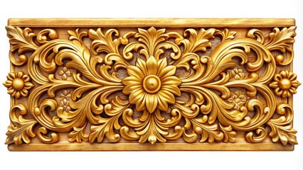 Intricate gold wood carving patterns create a luxurious, ornate background in a panoramic golden wood panel.