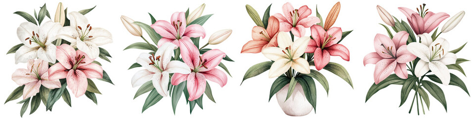 Elegant and lush bouquet of pink and white lilies arranged in a vase creating a beautiful and vibrant floral centerpiece or The image has a soft