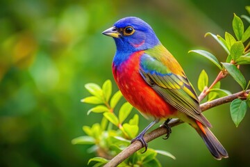 Obraz premium Long exposure captures a vibrant Painted Bunting perched high in a tree, its colors dazzling.
