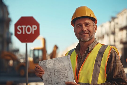 A construction worker in a safety vest and hard hat holds a blueprint near a stop sign, with heavy machinery in the background.