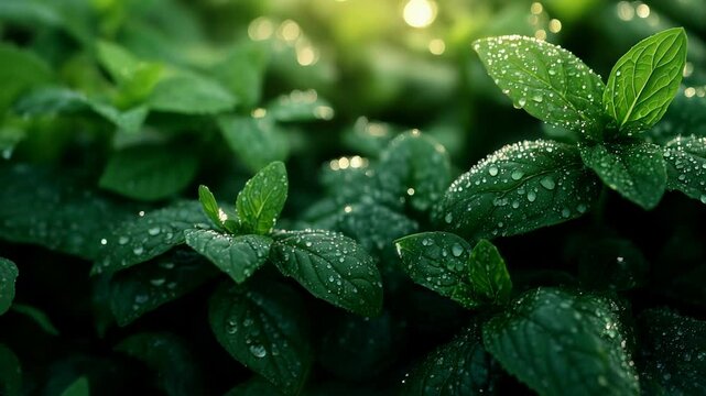 Lush green leaves glistening with fresh morning dew. Nature's beauty in macro detail.