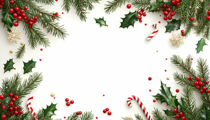 Festive Christmas frame with fir branches, holly, berries, candy canes, and gold confetti on white background.