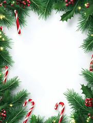 Festive Christmas frame with fir branches, holly, berries, candy canes, and lights on white background.