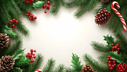 Festive Christmas frame with pine, holly, berries, and candy canes on white background.