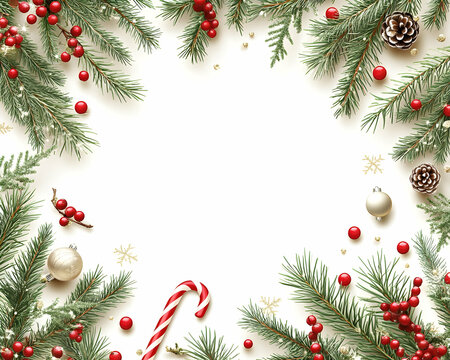 Festive Christmas frame with pine, berries, candy cane, ornaments & snowflakes.