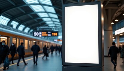 Mock up. Vertical advertising billboard, lightbox with empty digital screen on railway station. Blank white poster advertising, public information board stands at station in front of people and train