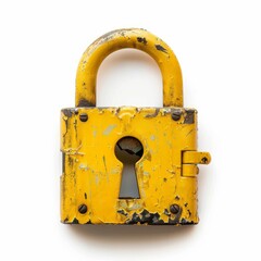 Weathered yellow lock isolated on white background representing security, privacy, and protection