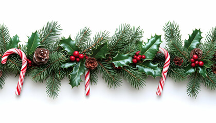 Festive Christmas garland with holly, pine, candy canes, and pinecones on white. (1)