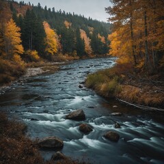 A peaceful river winding through an autumn forest.