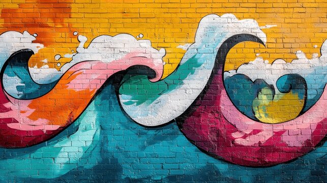 Colorful mural depicting vibrant waves crashing against a sunny backdrop in an urban setting