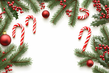 Christmas border with candy canes, holly, and ornaments on white.