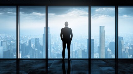 Fototapeta premium Businessman looking at cityscape from skyscraper office.