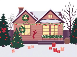 Christmas home interior with holiday decorations, xmas ornaments, cozy ambiance, festive adornments, flat vector illustration, cozy, adornment