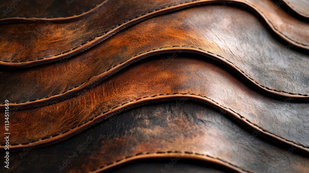 Poster rich textures and warm hues create a wave-like pattern in handcrafted leather art displayed in a coz