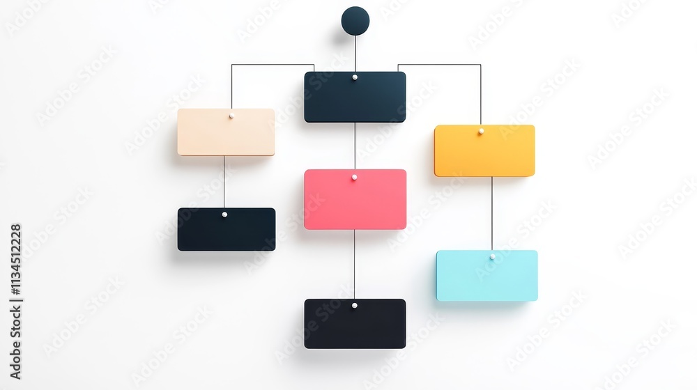 Poster modern flowchart design with colorful geometric shapes on a minimalist white background for business