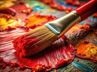 Fototapeta premium Macro close-up of a red paintbrush, artistically arranged, showcasing paint and depth of field in a fine art still life.