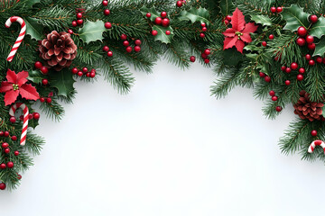 Festive Christmas border of fir branches, holly, poinsettias, berries, pinecones, and candy canes on white.
