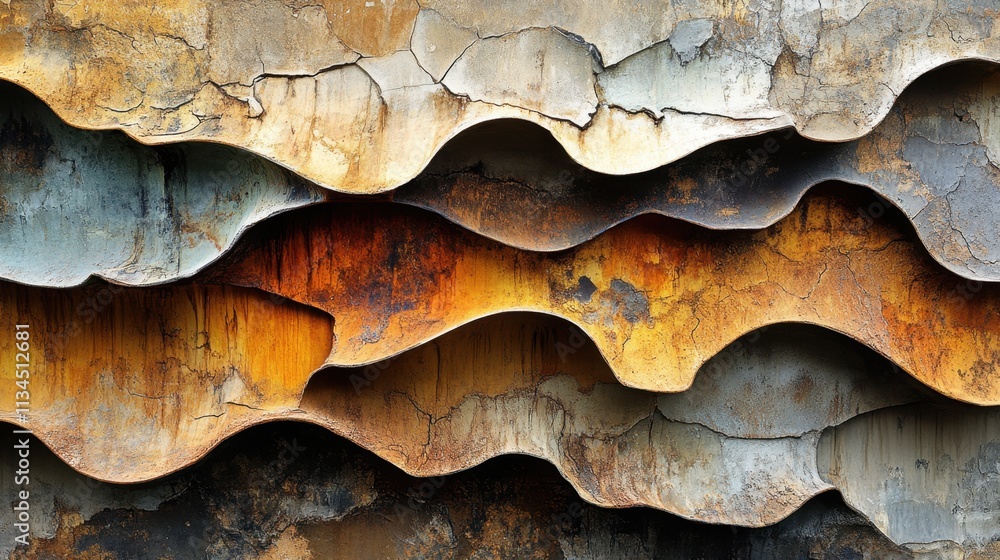 Poster textured layers of rust and decay create an abstract tapestry of colors and shapes in natural sunlig