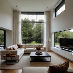 Fototapeta premium Bright & Airy Living Room: Panoramic Window & White Aesthetic