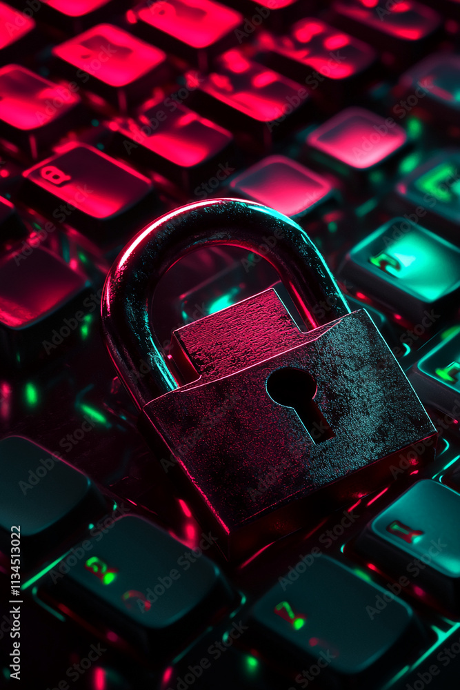 Aufkleber Visual representation of security with a padlock on a backlit keyboard highlighting the importance of data protection